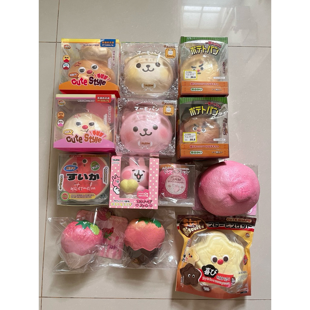 [BACA DESKRIPSI] preloved squishy ibloom, punimaru strawberry, punimaru mochi seal, animal bun, mars