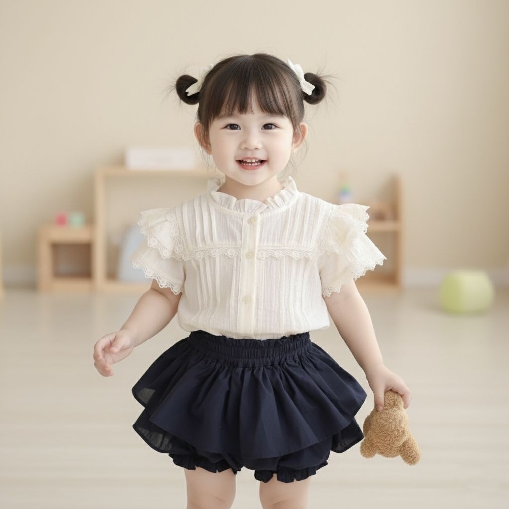 Setelan Baju Anak Perempuan Import | Atasan Renda Lengan Ruffle + Celana Rok Bloomers Navy - ​Set Pa