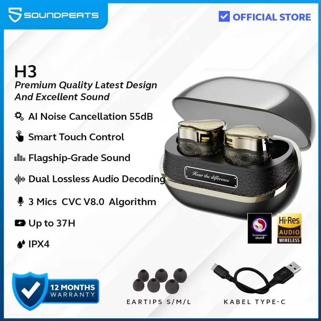 SoundPEATS H3 Earphone Wireless Noise Reduction with Snapdragon Sound & aptX Lossless TWS Bluetooth 