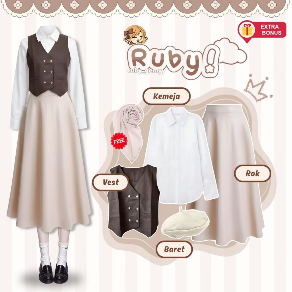 One Set 4in1 kemeja basic vest rompi rok scuba flowy topi baret free hijab segi empat | outfit cewek