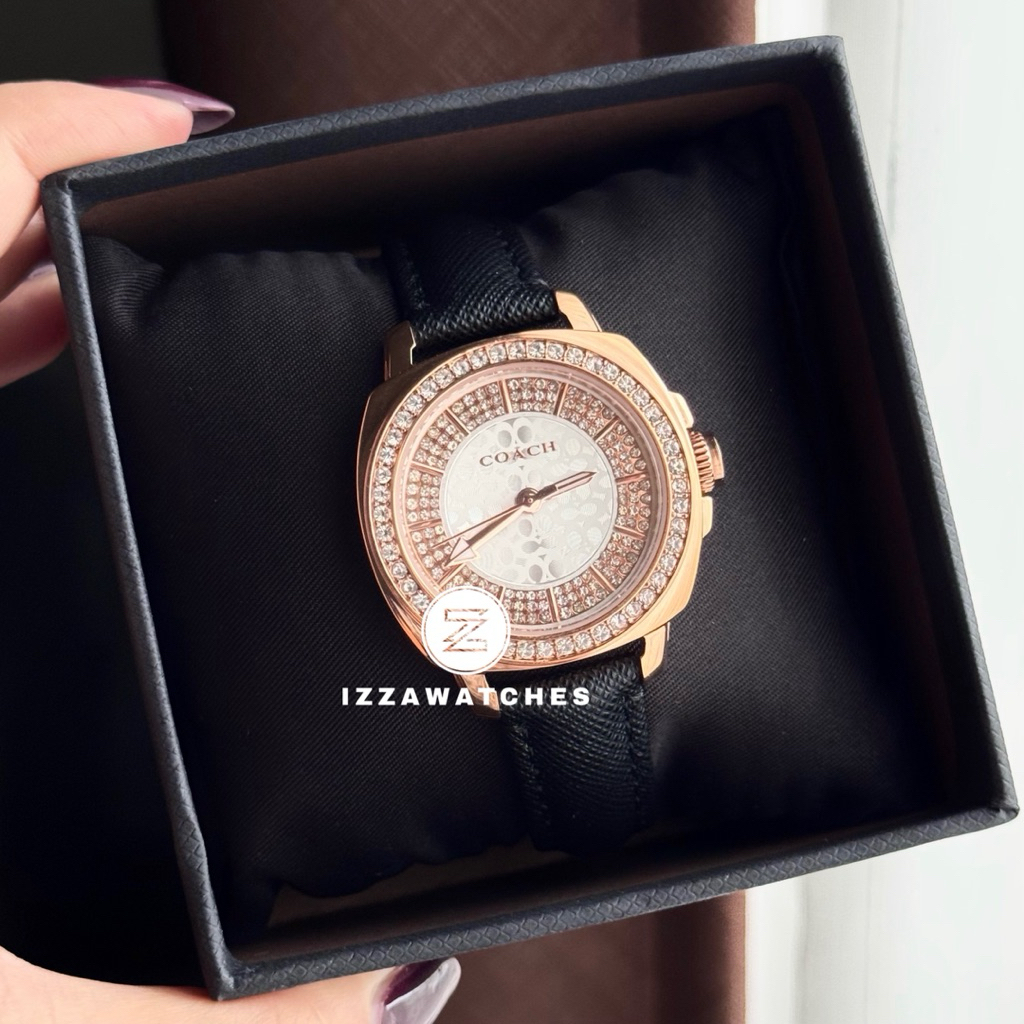 Jam Tangan Wanita Coach Diamond Ring Black Leather Strap