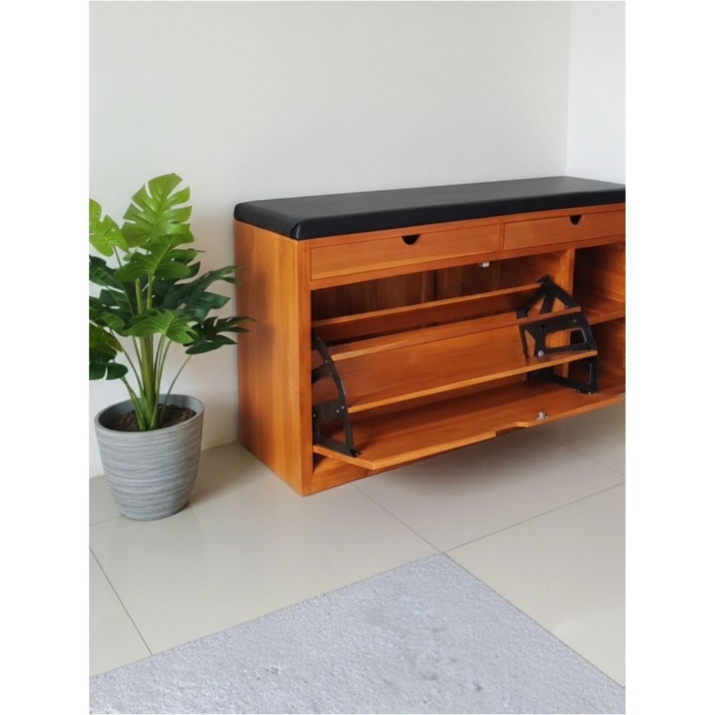 Rak sepatu aesthetik kayu jati tertutup dudukan sofa