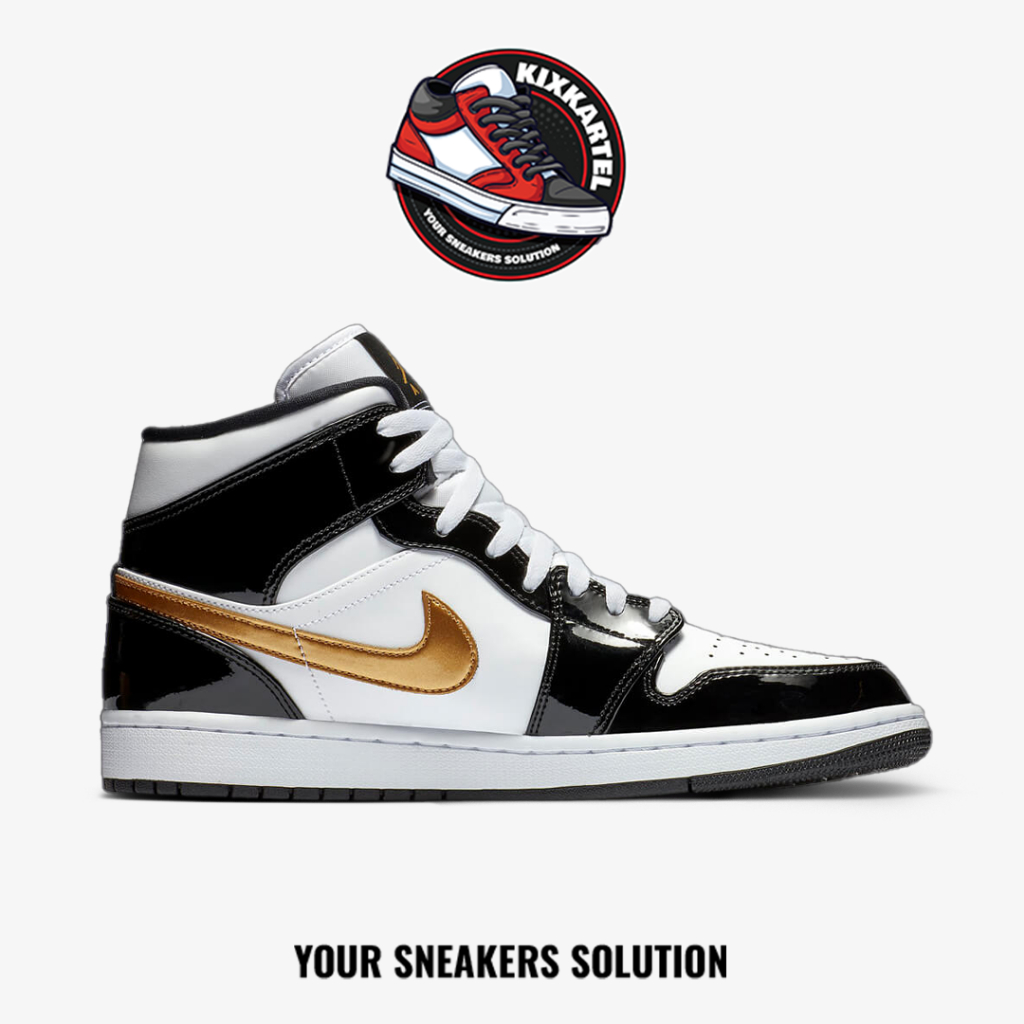 Nike Air Jordan 1 Mid Patent Black White Gold Black Gold Authentic