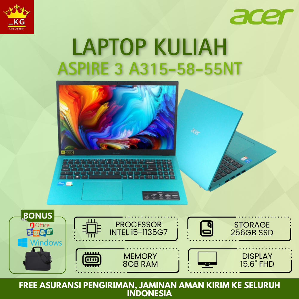 LAPTOP BARU ACER A315-58-55NT INTEL CORE I5-1135G7 RAM 12GB SSD 256GB BONUS WINDOWS 10 15" FHD