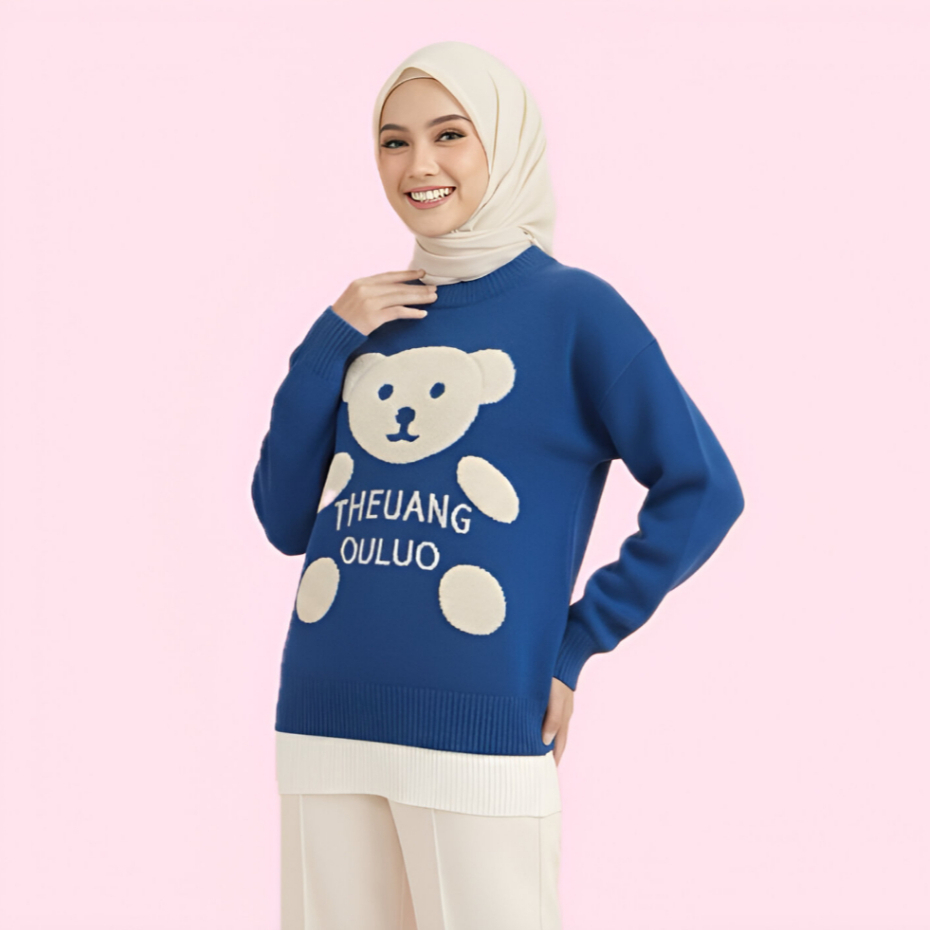 Sweater Rajut Premium Wanita Bahan Lembut Nyaman Motif  Bear Knitwear Cute