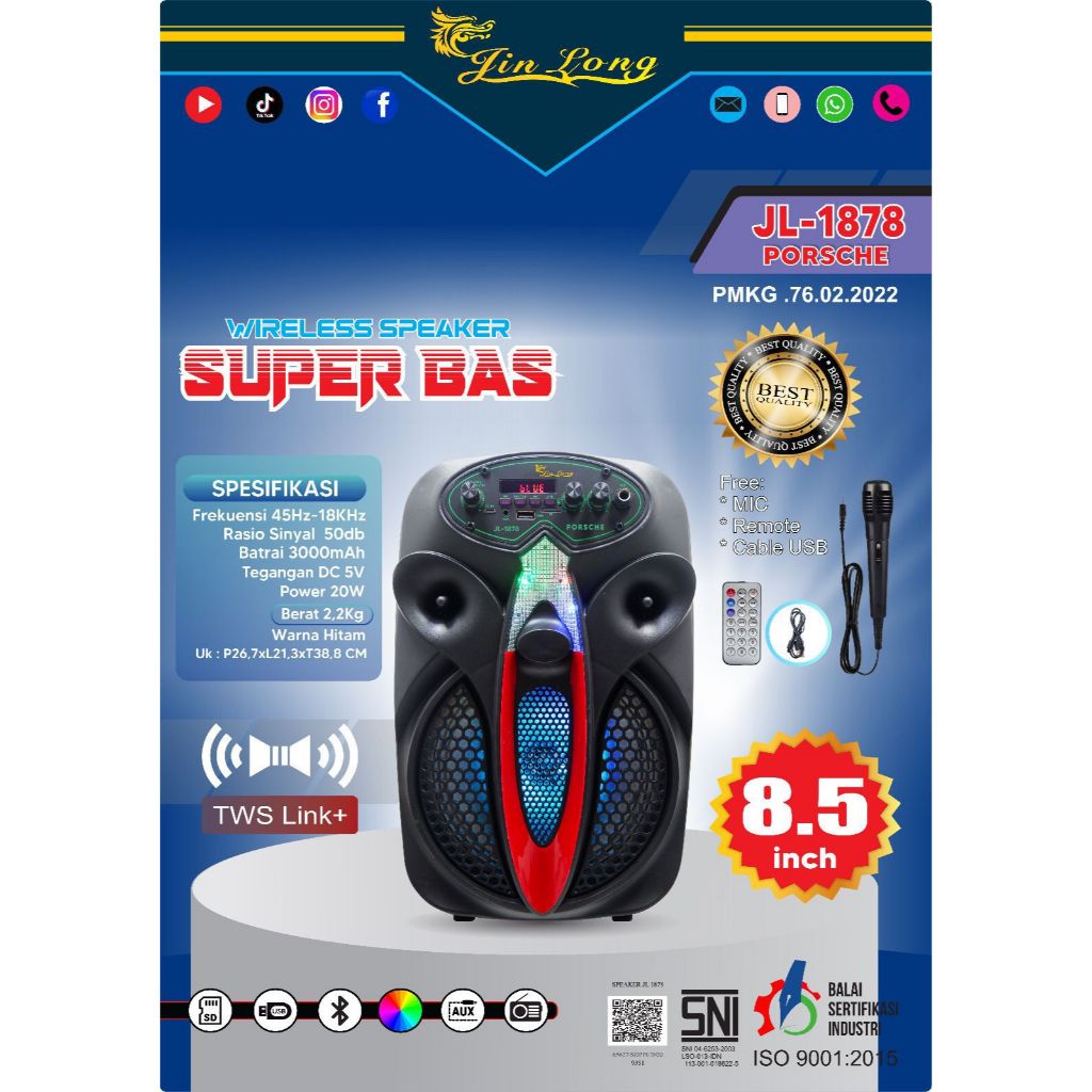 SPEAKER JINLONG JL 1878 PORSCHE 8,5 INCH BLUE TOOTH