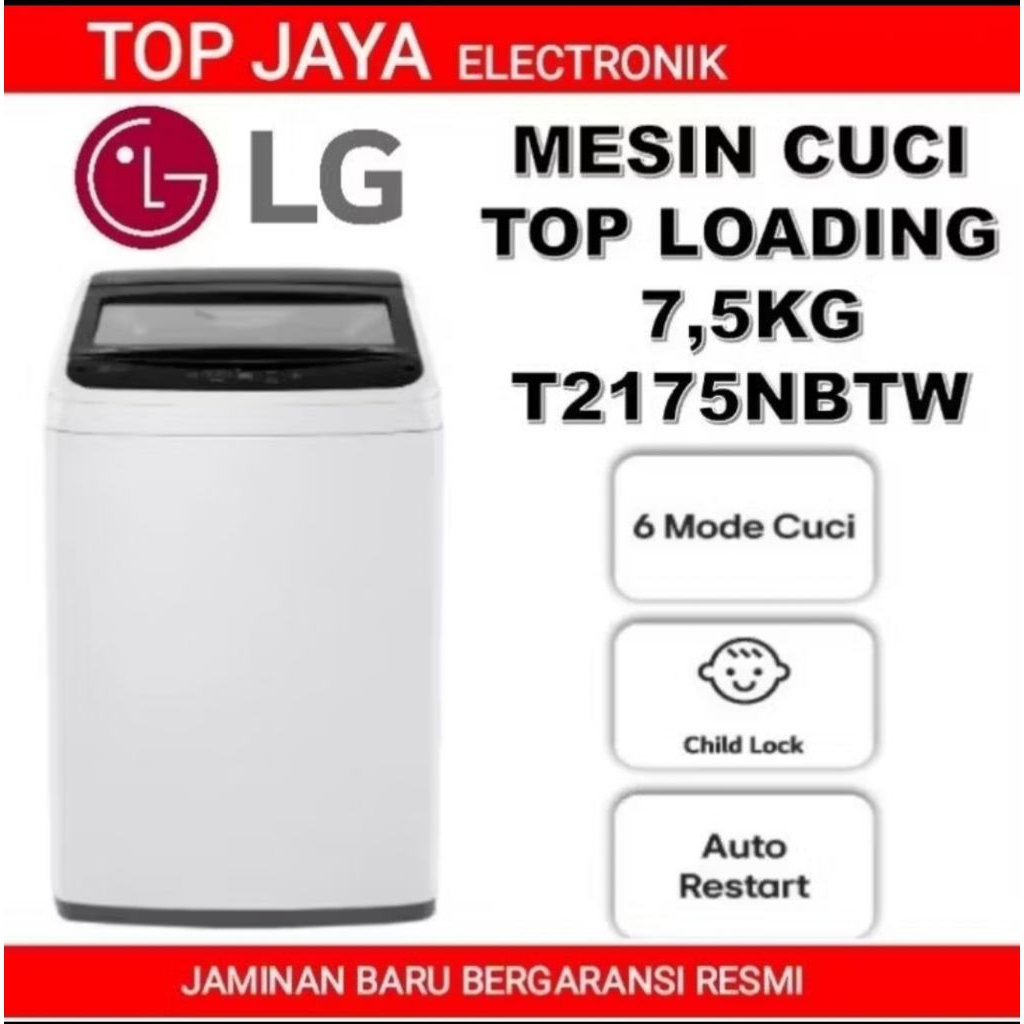 MESIN CUCI LG 7,5 KG TOP LOADING HEMAT LISTRIK T-2175NBTW/LG MESIN CUCI 1 TABUNG 7,5 KG