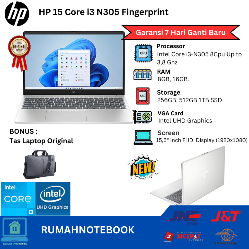 Laptop Baru Hp 15 Intel® Core™ i3-N305 (8 cpu up to 3.8 GHz) Silver Fingerprint