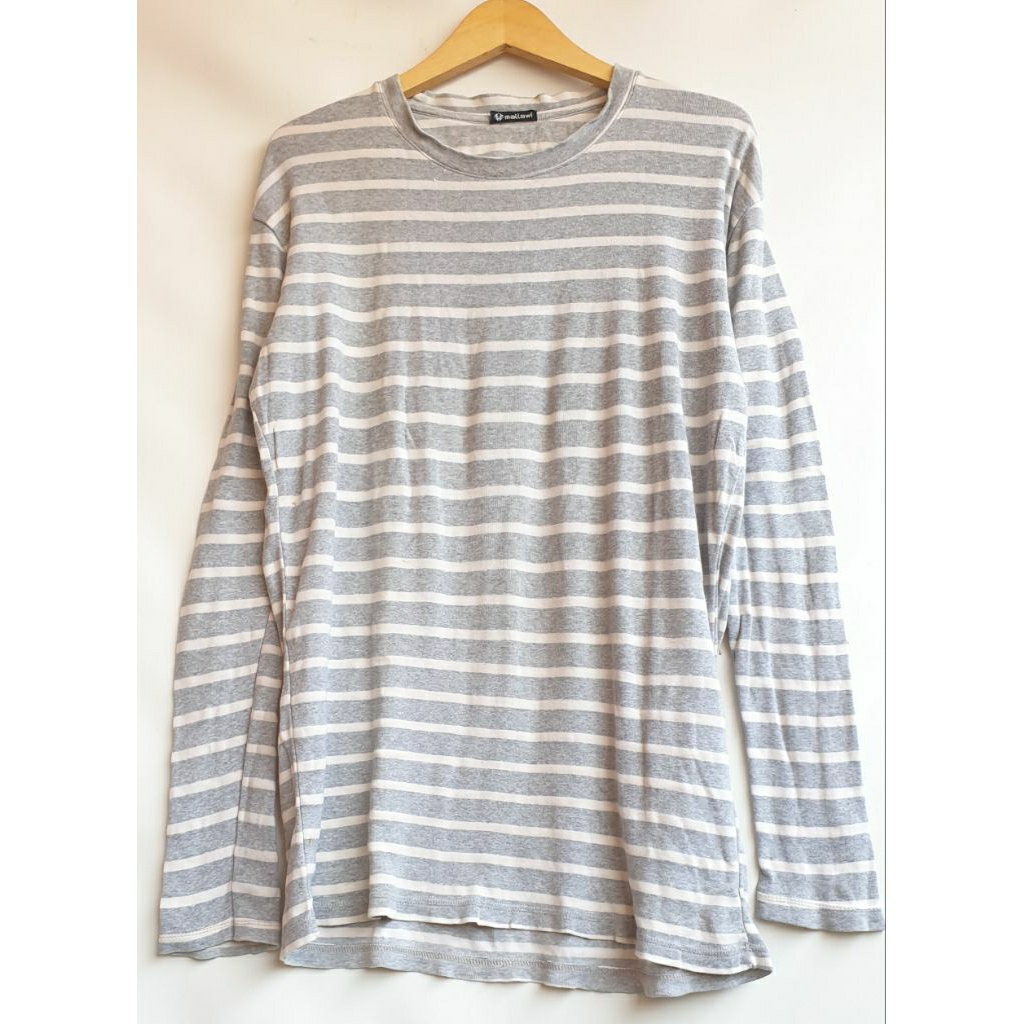 Kaos Lengan Panjang Basic Motif Garis Abu Putih Stripe T-Shirt Casual Merek Mallawi Oversize Wanita 