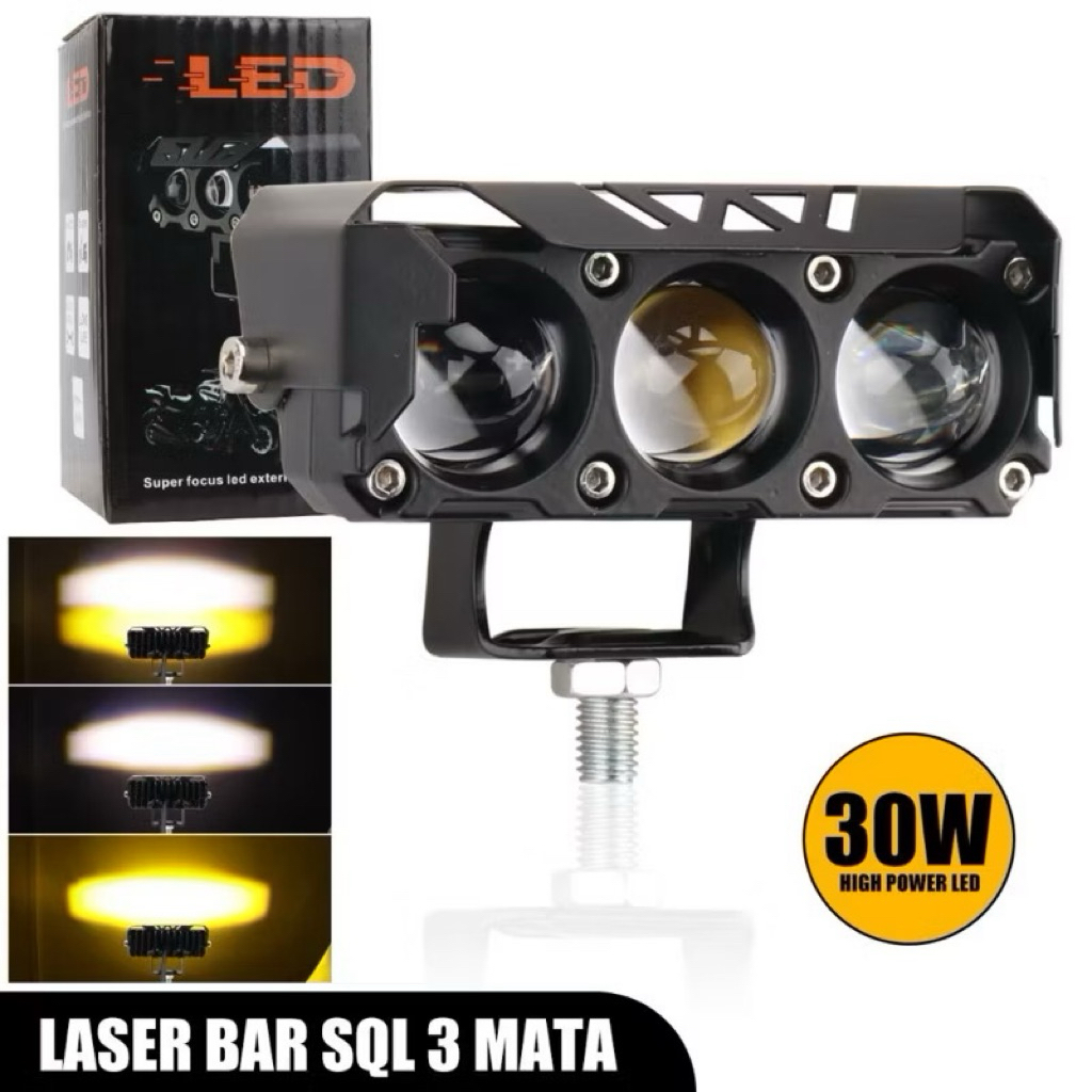 LAMPU TEMBAK LASER SQL 3 MATA SUPER TERANG HI LOW PUTIH - KUNING BUAT MOTOR DAN MOBIL 12VOLT-80VOLT