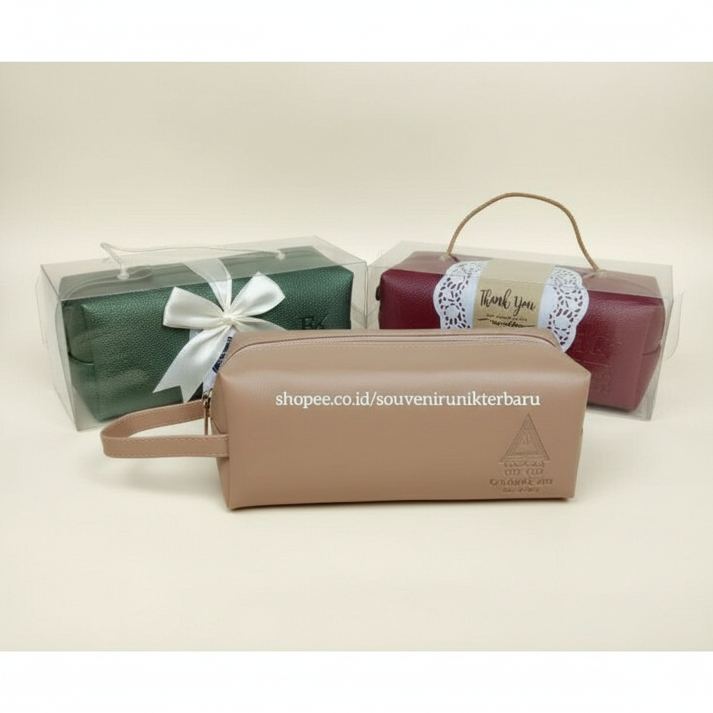 Souvenir Pouch Long Zipper Packing Box Mika Custom Emboss Unik Pesta Pernikahan Dompet Kosmetik