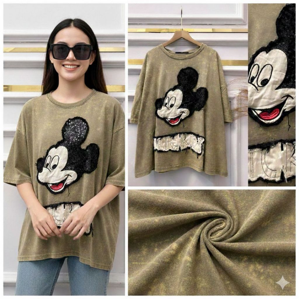 Kaos Wanita Washed Import Oversize | Kaos Tangan 3/4 LD 120 Motif Bordir Timbul Premium