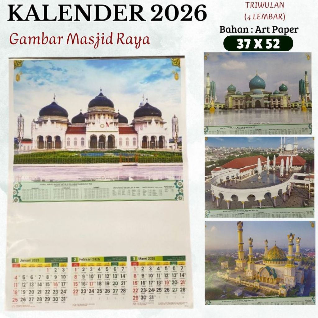 KALENDER DINDING 2026 TRIWULAN ( 4  LEMBAR ) UK ( 37 X 52 CM ) GAMBAR  MASJID RAYA