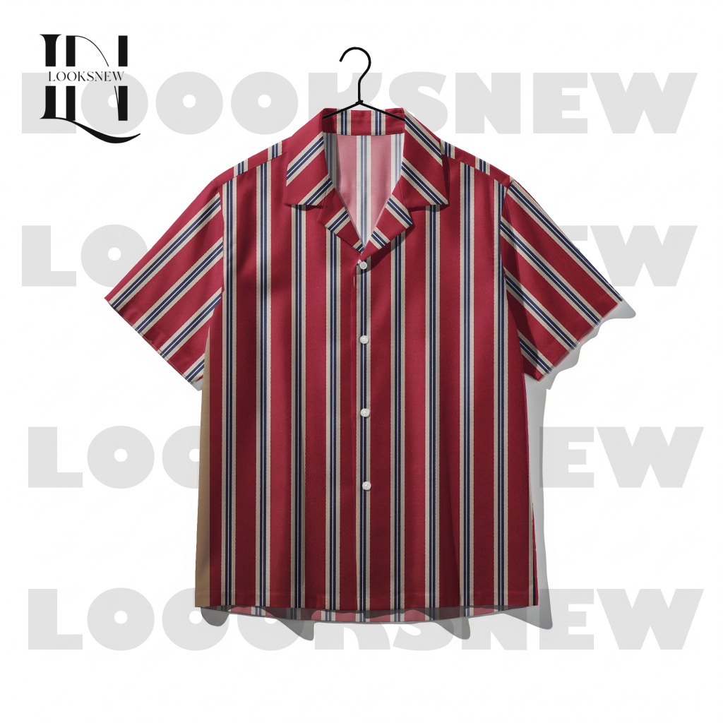 LOOKSNEW Kemeja Pria Lengan Pendek Printing Motif Garis Vertikal Striped Merah Navy Vintage | LN-62