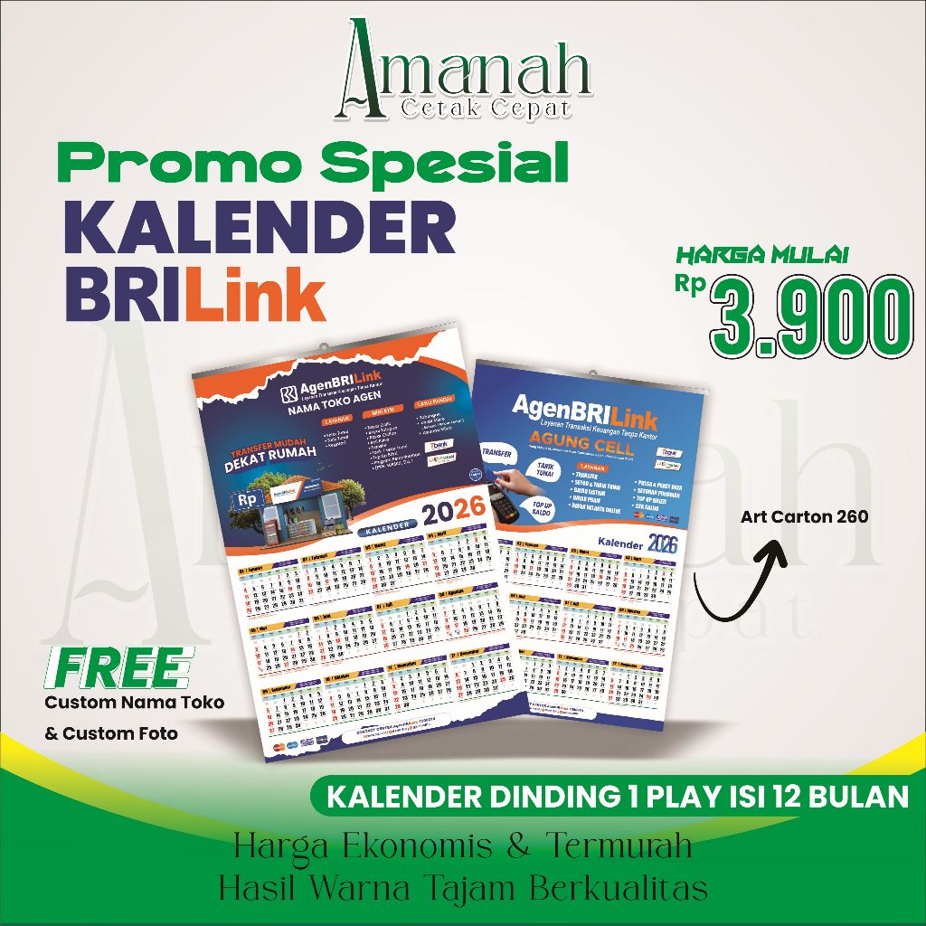Kalender Dinding 2026 Custom BRILink Agen BRI