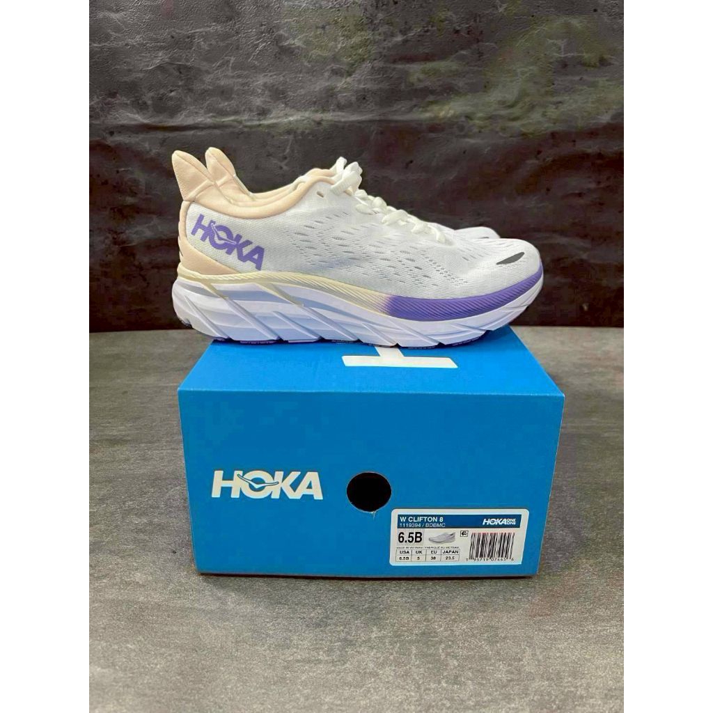 Sepatu Lari wanita hoka Clifton 8 wide white purple
