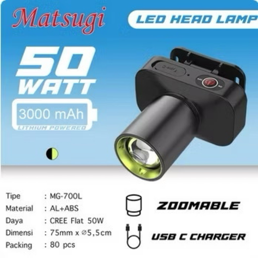 SENTER KEPALA CAS MATSUGI LED ZOOM 3 MODE CAHAYA I MATSUGI MG700L 50W PUTIH & KUNING