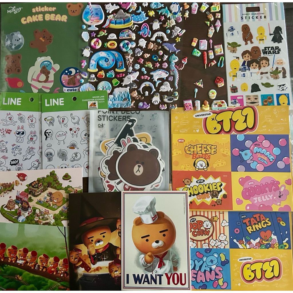 official merch sticker & postcards line friends, bt21, ryan kakao, star wars, cake bear