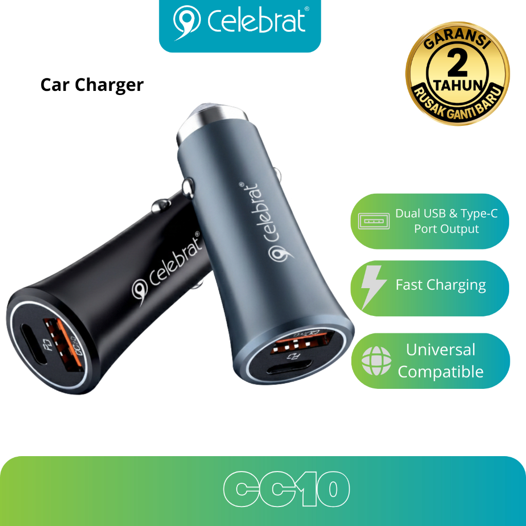 Celebrat Car Charger Mobil Dual Port Output USB & Type-C PD20W Fast Charging 5V/3A