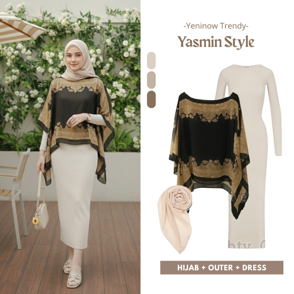 Yasmin Style One Set Simple Elegan (Inner Long Dress , Syal Outer, Hijab Segiempat) Setelan Wanita K