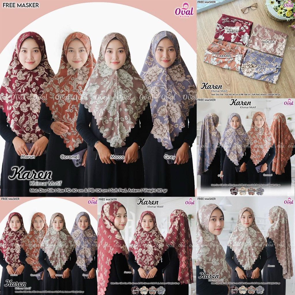 Karen Khimar Motif Original Oval Hijab Dior Silk Soft Ped Antem Hijab Wanita Motif Karen Oval