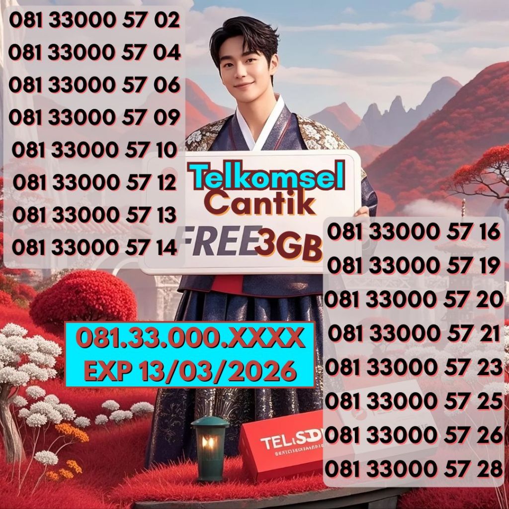 Nomor Cantik Telkomsel Seri 081.33.000. XXXX Bonus 3GB Harga 45ribu
