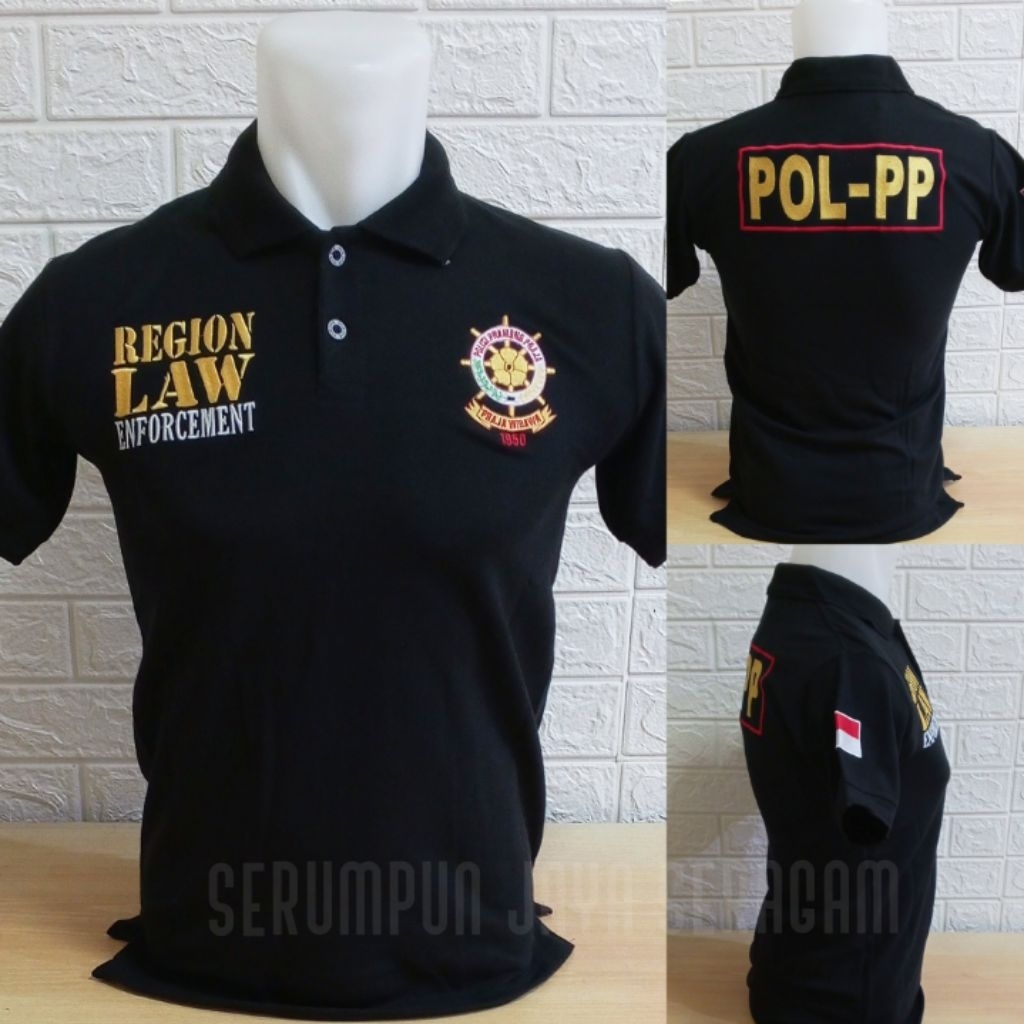 KAOS SATPOL PP HITAM LOGO RODA FULL BORDIR - KAOS KERAH POL PP HITAM BORDIR - KAOS SATPOL PP