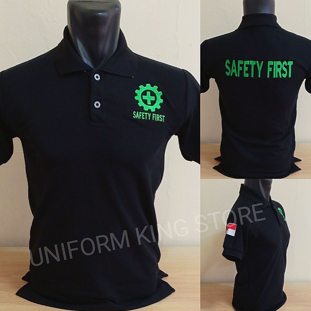 KAOS SAFETY FIRST HITAM FULL BORDIR - KAOS KERAH SAFETY FIRST HITAM LENGAN PENDEK BORDIR