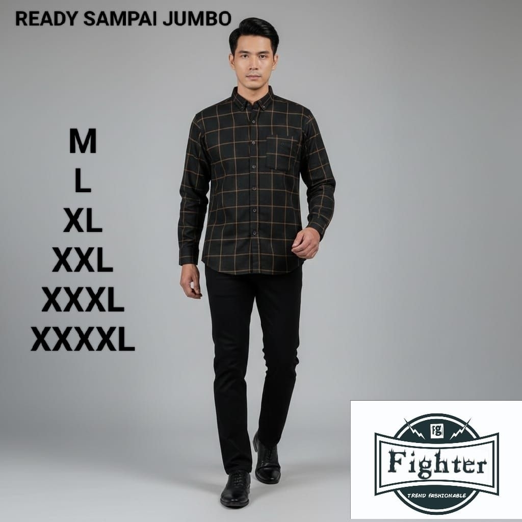 FIGHTER-kemeja flanel hitam garis coklat oversize jumbo lengan panjang