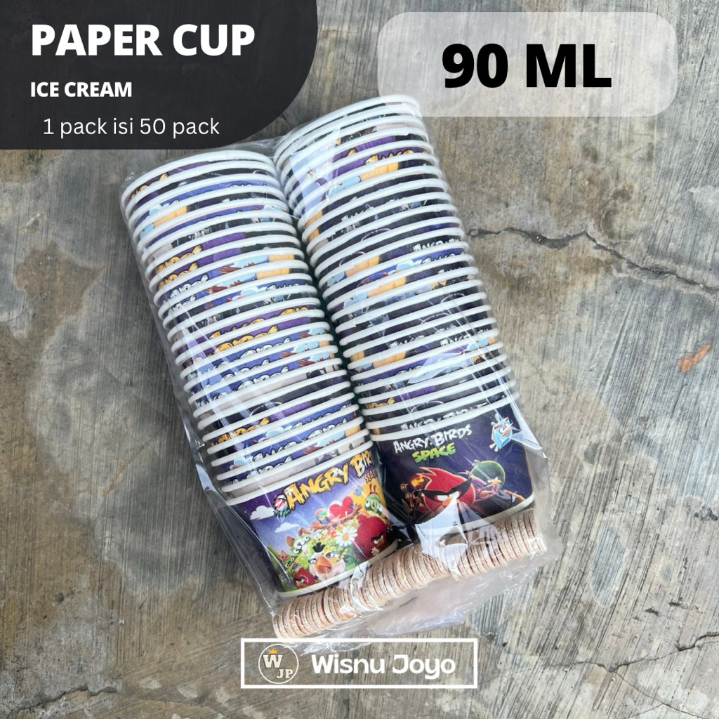 Paper Cup Es Krim 90 ml + Sendok Motif Kartun / Cup Es krim dengan Sendok isi 50