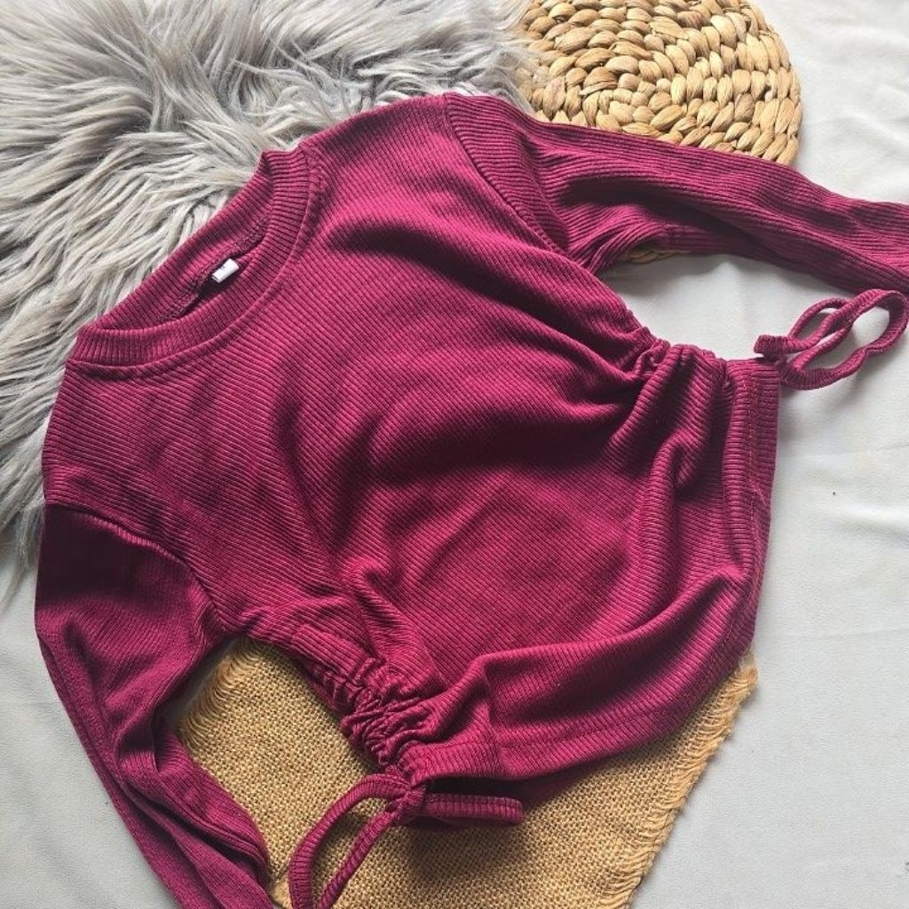 Atasan Vallen Top Crop Anak Perempuan Tali Serut Samping Lengan Panjang 2-12Tahun