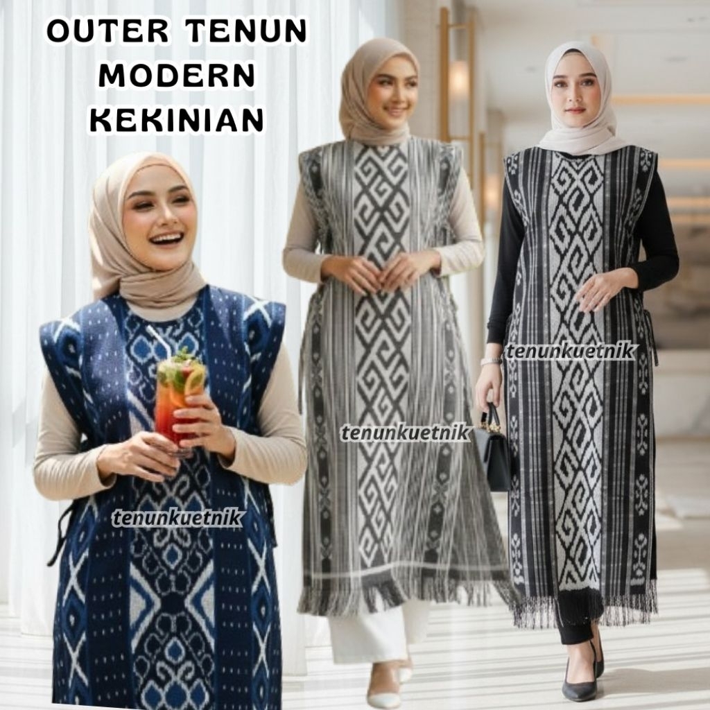 Long Vest Wanita Tenun Etnik Tali Samping Modern Kekinian