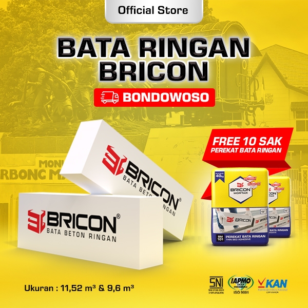 BRICON - Bata Ringan Premium SNI 1 DO 11,52 m³ Hebel Bonus Bundling Mortar 10 Sak - BONDOWOSO