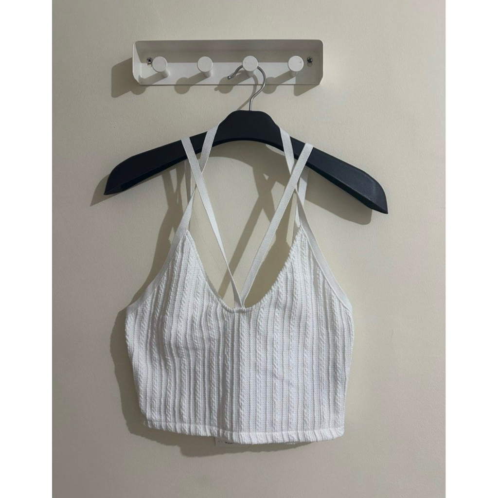Zara White Halter Cropped Tank Knitted Crop Top Knit Camisole Summer V Neck Cami Vneck Tanktop