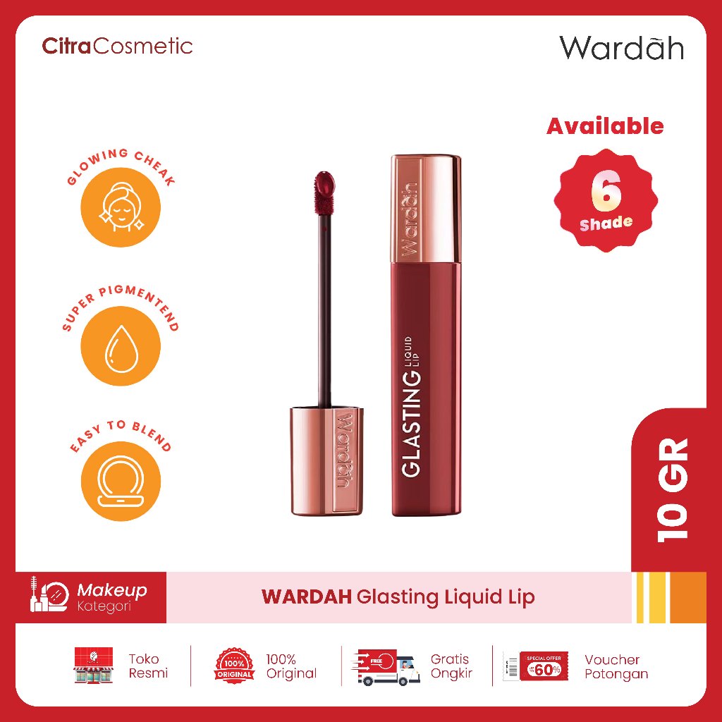WARDAH Glasting Liquid Lip - Hi-Pigmented Glass Color, Ringan, Tidak Lengket, Transferproof Liptint