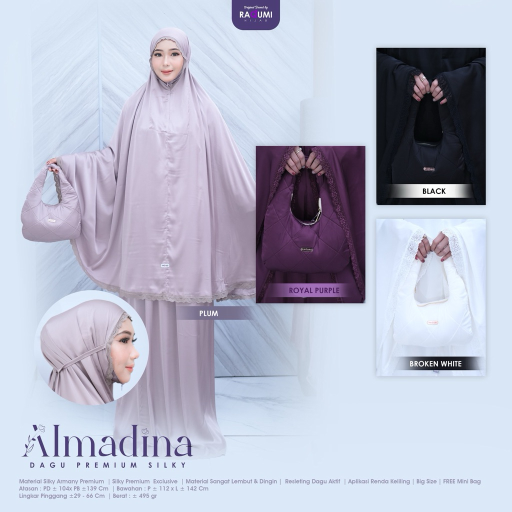 Almadina Mukena Original Raqumi Material Silky Premium Mukena Dewasa Aplikasi Renda  Free Tas Sesuai