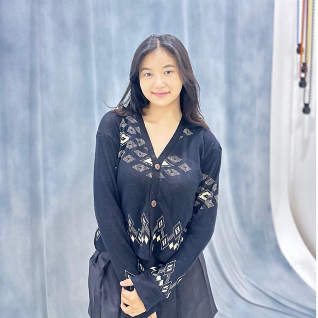 Geometric Cardigan Knit Premium Black/ Cardigan Sweater Rajut Hitam Motif Tribal/ Cardigan Knit Prem