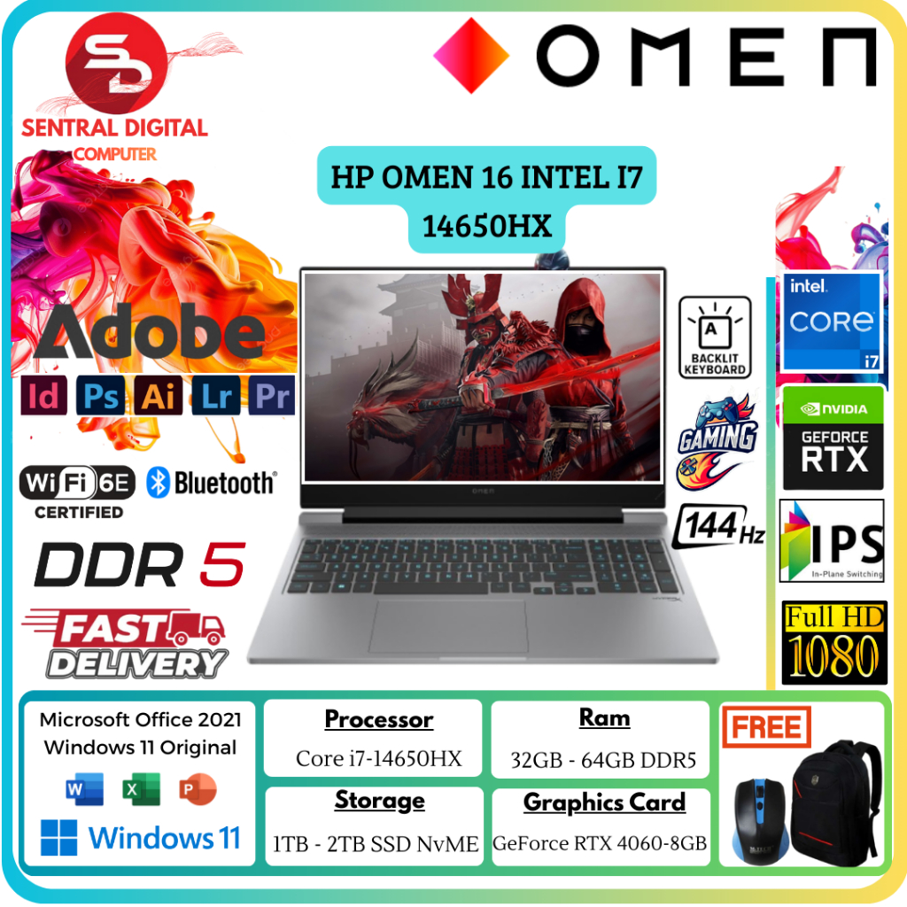 LAPTOP HP OMEN 16 Intel Core i7 14650HX 64GB DDR5 2TB SSD 16.1 FHD IPS 144Hz Windows 11 Home