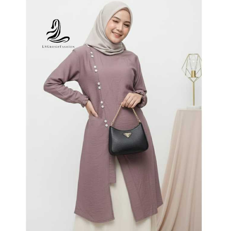Elara Malaya Long Tunik-Long Tunik Wanita Simple Elegant Tunik Lebaran Terbaru Bahan Polo Linen Tuni