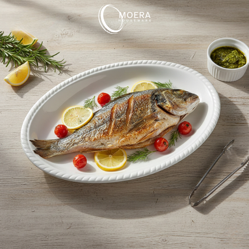 MOERA Piring saji oval keramik model ukir pinggir / Piring oval besar hotelware / Piring keramik pre