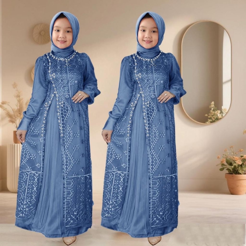 Gamis dress anak brokat mutiara model terbaru muslim pesta kondangan Rose kid anak