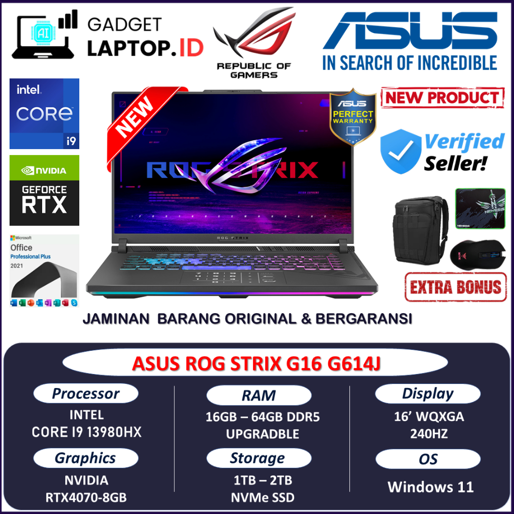 Laptop Gaming Asus ROG STRIX G16 G614JI Intel Core I9 13980HX 64GB 2TB SSD RTX4070-8GB 240HZ