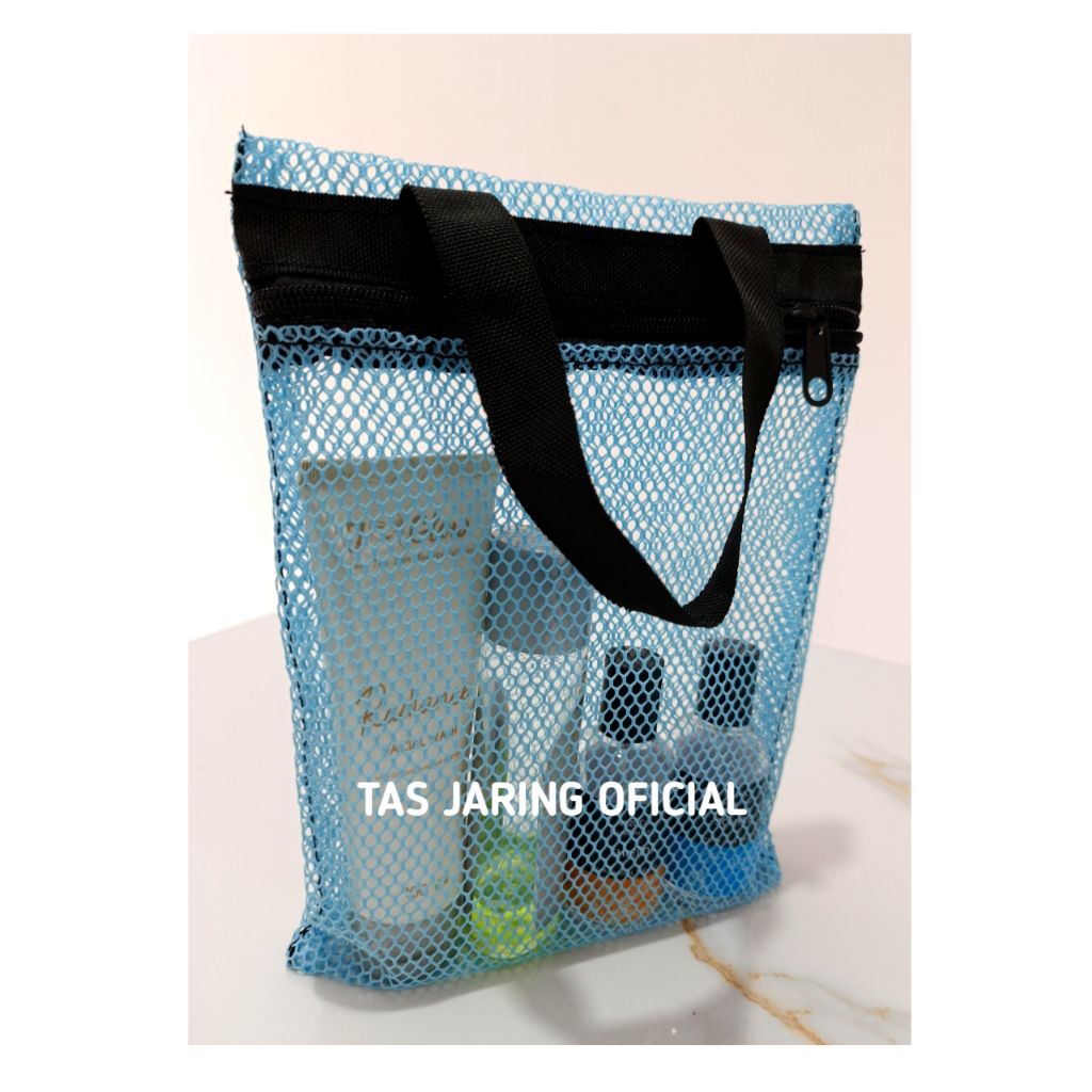 TAS Jaring Tempat Peralatan Sabun Mandi Pouch Kosmetik Travel Bahan Tebal Hitam Transparan