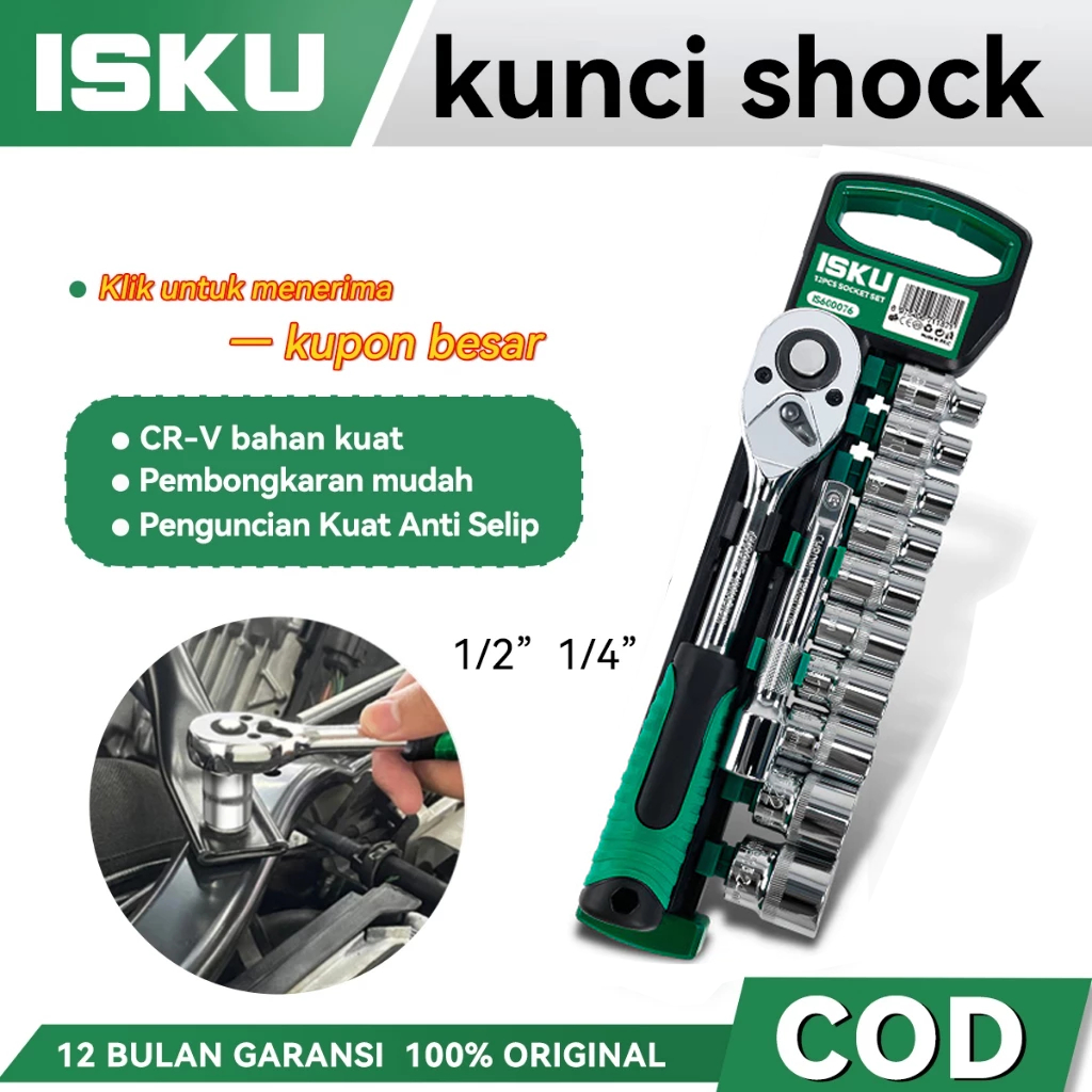 ISKU kunci sok shock set 12pcs Kunci shock 1/2 original mata sok kunci wrench ratchet set mata kunci