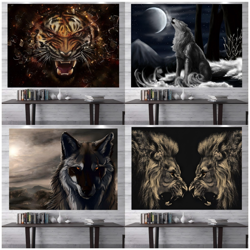 Latar Belakang Hewan Singa Hitam Putih Serigala, Kain Gantung INS, Hiasan Kepala Tempat Tidur, Dindi