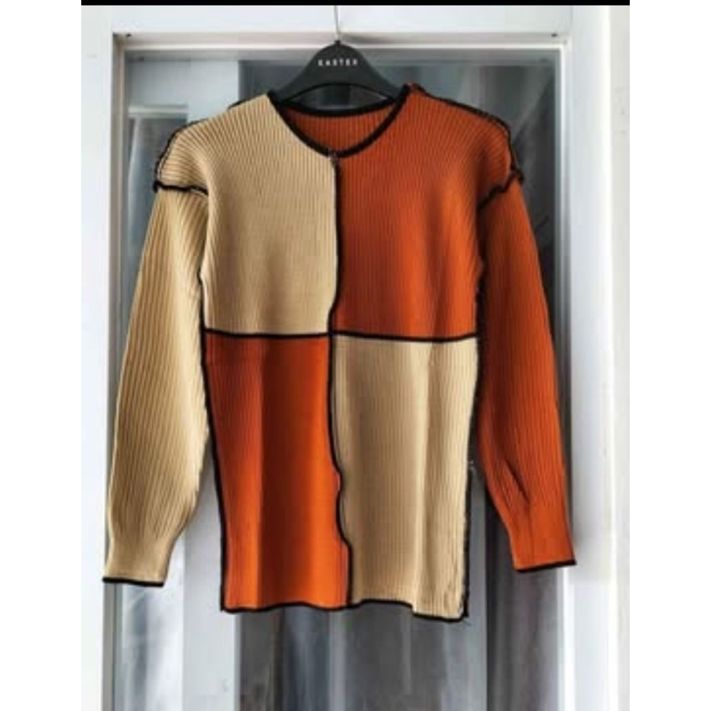 kaos rajut korean wanita tebal melar kombinasi 2 warna