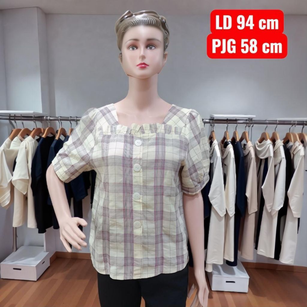 atasan blouse wanita lengan balon/ baju wanita motif kotak kotak