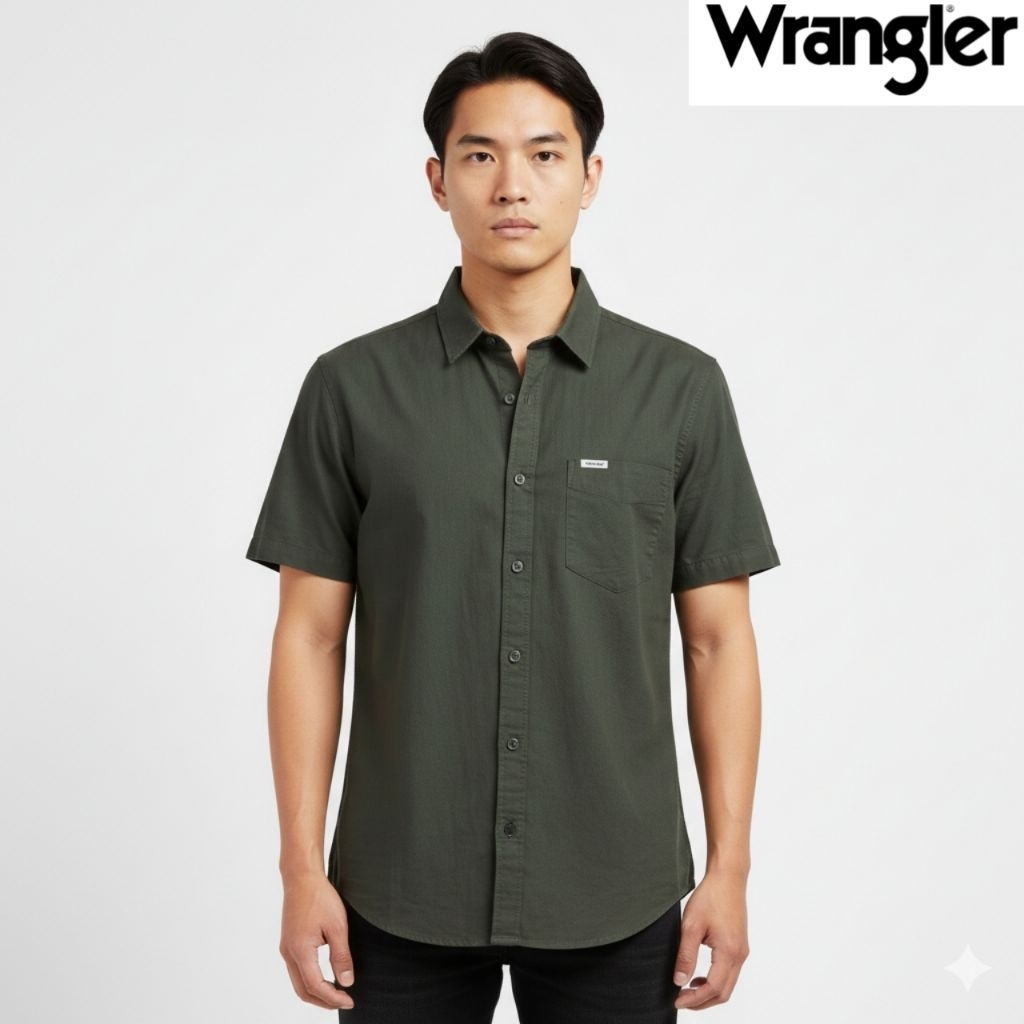 Kemeja Wrangler Pria Lengan Pendek Original Premium Quality Baju Atasan Cowok Hijau Olive Tangan Pen