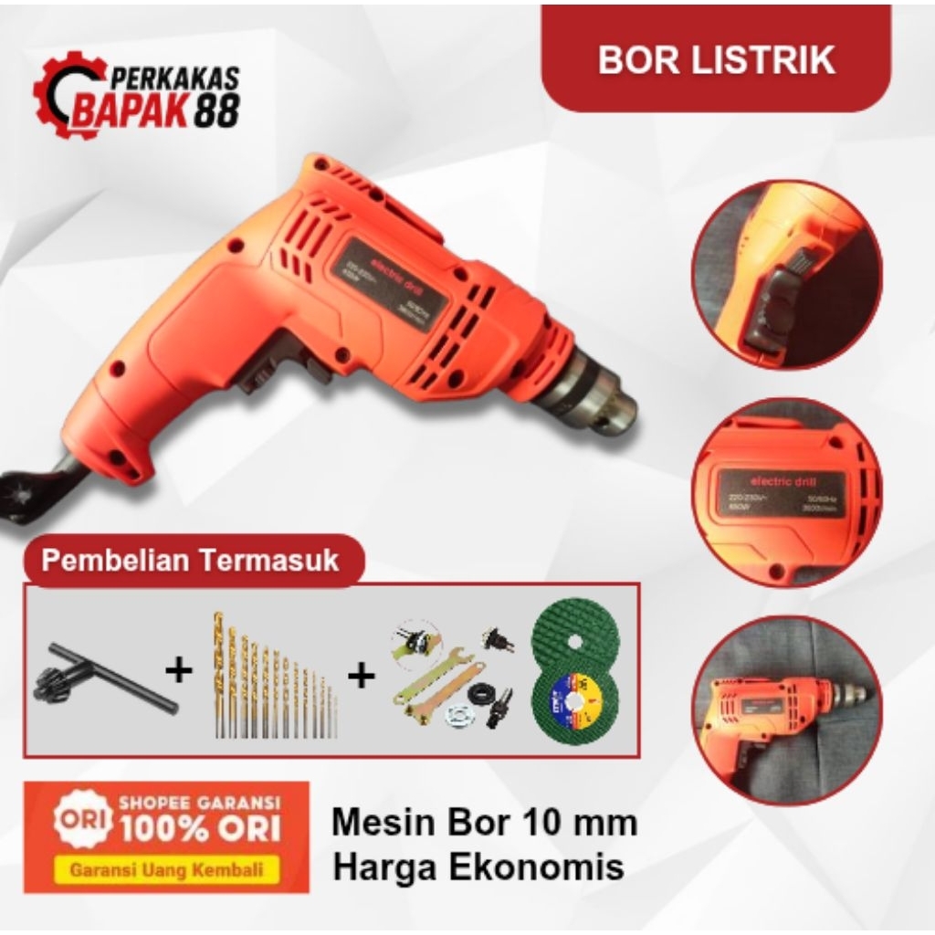 Mesin Bor Listrik 10mm Paket 1 Set Mata Bor Berikut Adaptor Bor Konektor ke Gerinda Free Batu Potong