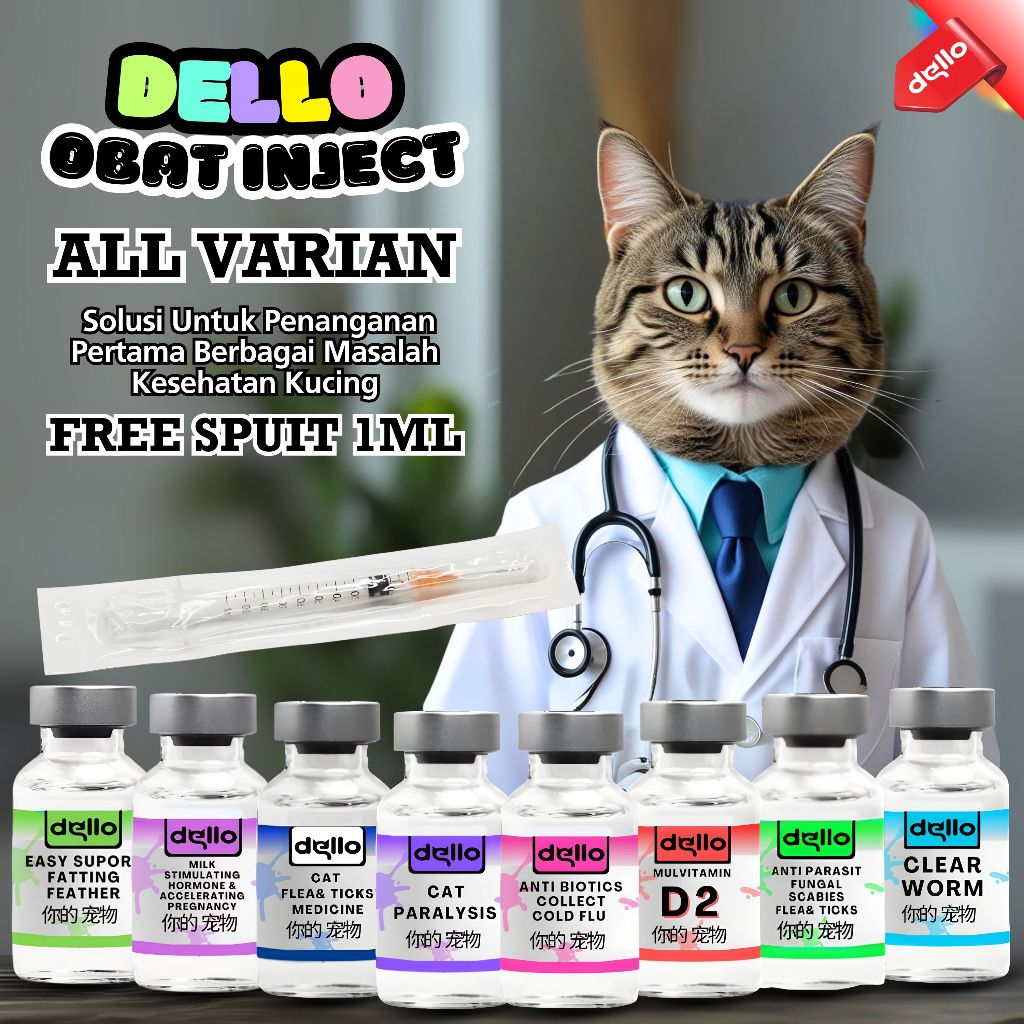 Obat Cacing Kucing Antibiotik Injeksi Dello All Varian Solusi Jamur Lumpuh Free Spuit 1ml DELLO